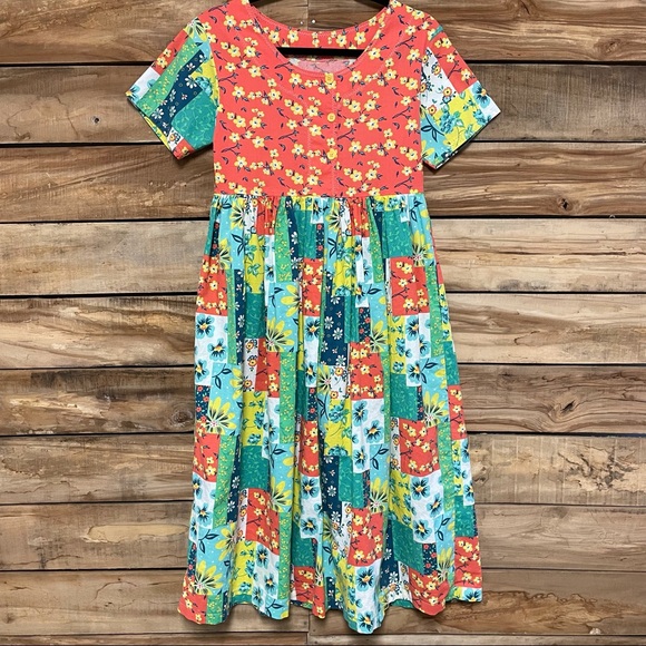 Prairie handmade patchwork floral bright short sleeve dress medium - Picture 3 of 7